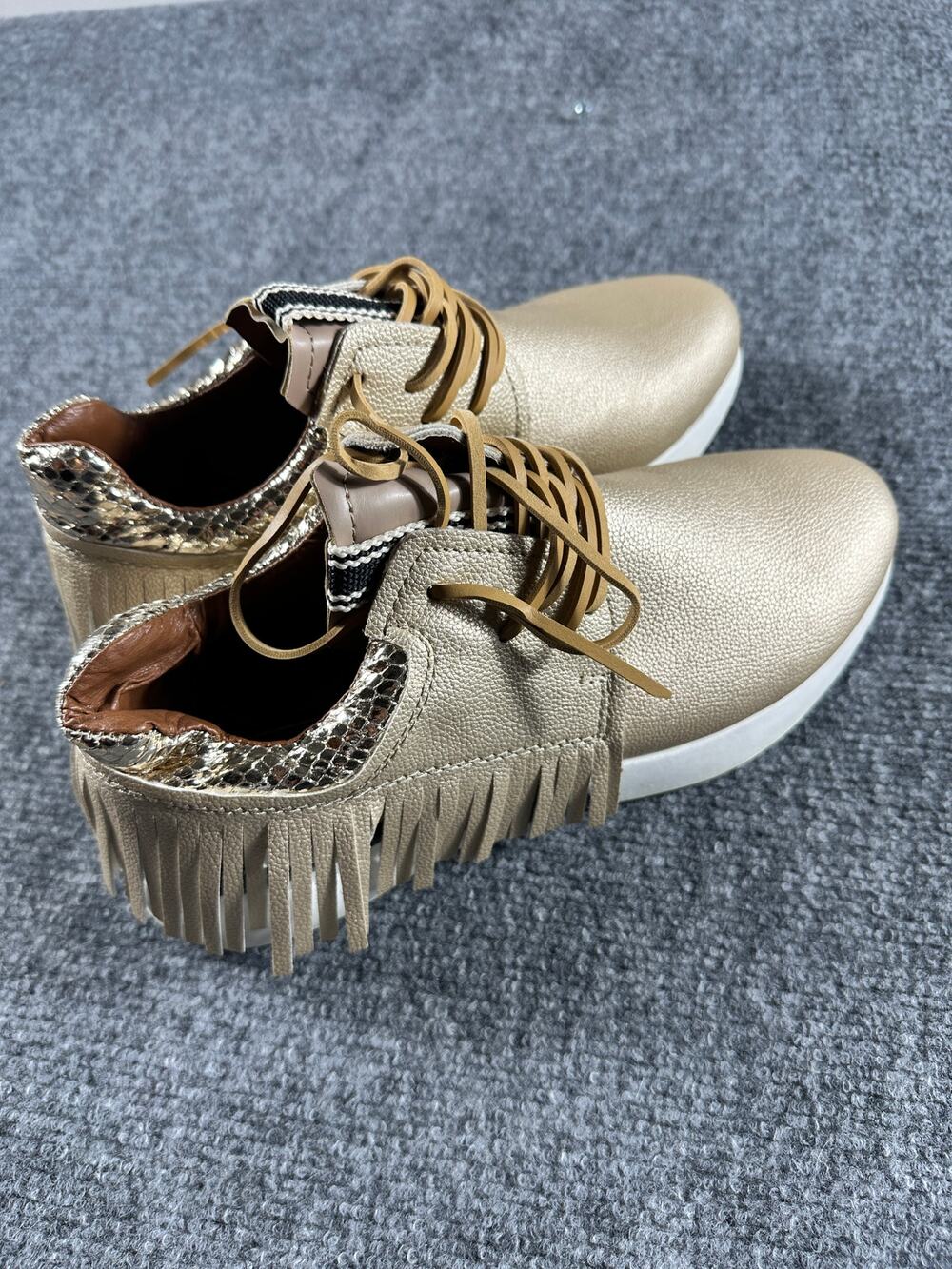 SHU SHOP Pepa Sneakers Womens 6.5 Gold Metallic Fringe Snake Print Boho Shoes